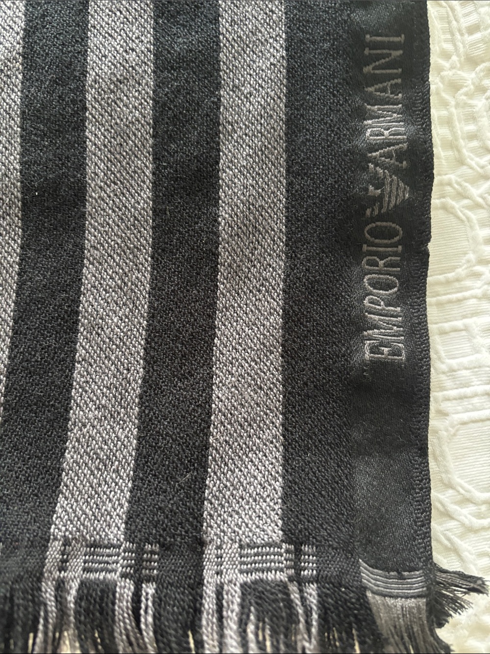 Emporio Armani Black and Gray Striped Logo Scarf